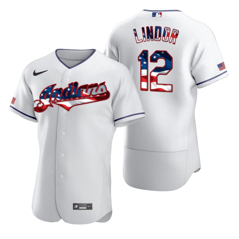 Cleveland Indians 12 Francisco Lindor Men Nike White Fluttering USA Flag Limited Edition Authentic MLB Jersey